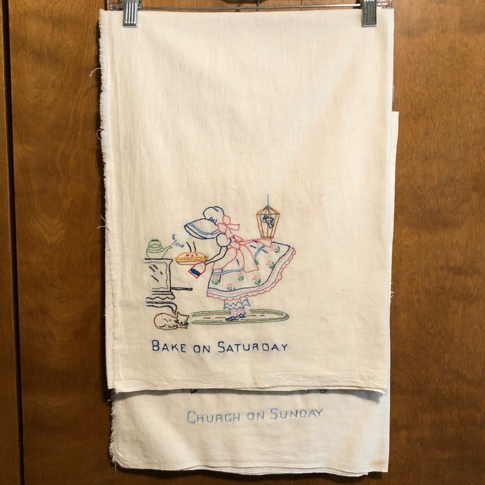 Vintage Days Of The Week Flour Sack Embroideries, Girl and Cat, 7 pc. set.